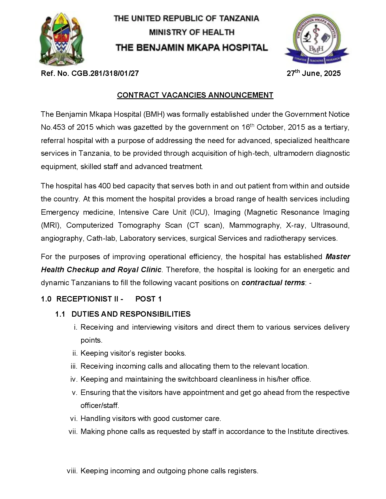 MPYA: Nafasi za kazi za mkataba katika Hospitali ya Benjamin Mkapa